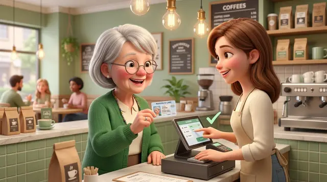 Dottie showing her ID at a cafe counter to get a senior discount