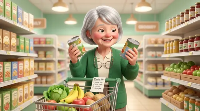 Dottie comparing two cans in a grocery aisle