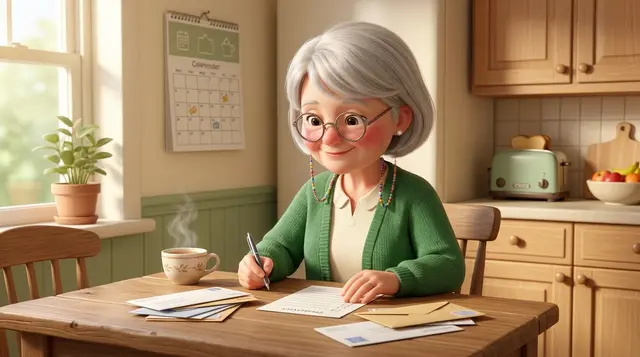 Dottie at her kitchen table reviewing her Medicare mail and a checklist