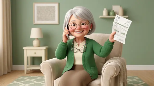 Dottie on the phone holding a bill and smiling