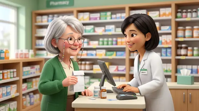 Dottie chatting with a friendly pharmacist at the pharmacy counter