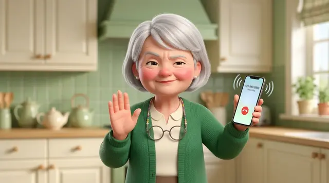 Dottie holding a ringing phone at arm’s length with a skeptical look